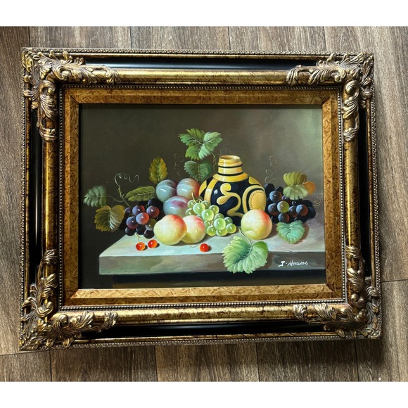 Handmade Other - J Abrams Signed Still Life Oil Painting Ornate Gold Wood Frame Fruit Grapes